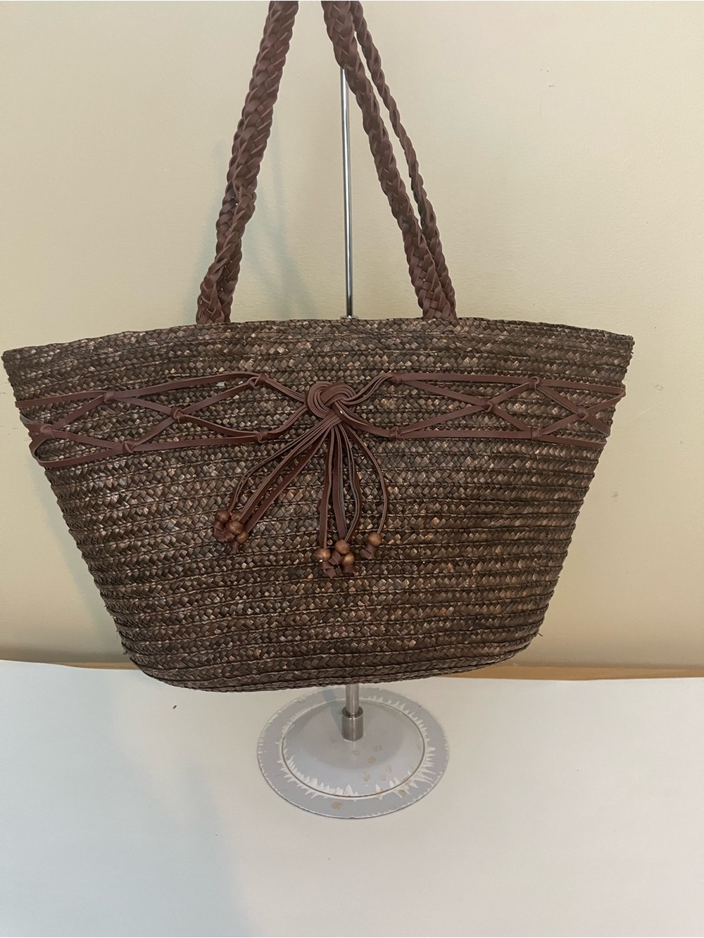 Braided Dark Brown Straw Tote with Knot Detail